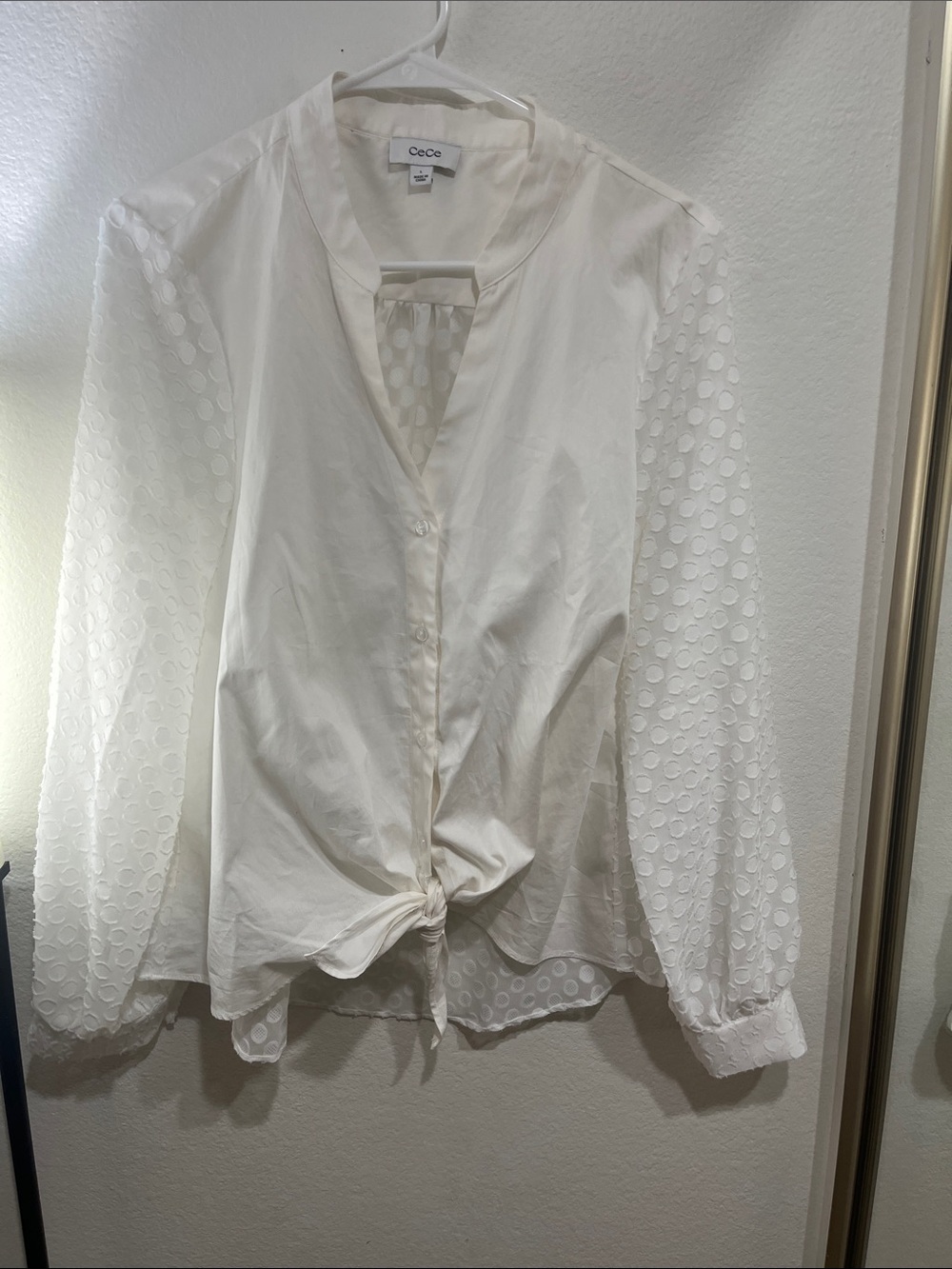 CeCe Cream Tie-Front Button Shirt with Sheer Dot Sleeves